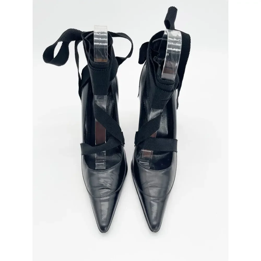 Gucci Vintage Fall 2002 Runway Black Grosgrain Lace Up Pointed Toe Heels US 7.5